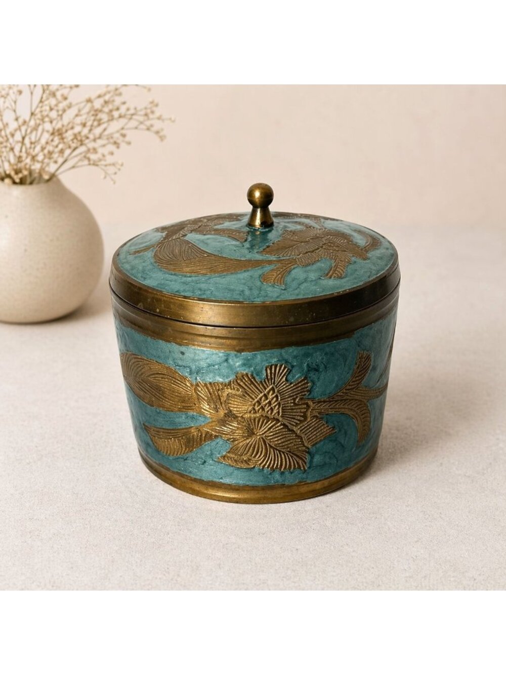 Brass Trinket Box Teal Enamel Floral Lidded Dish VTG Southwestern Storage Decor